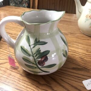 Vintage Hand Painted Stoneware Pitcher Green Glazed Finish